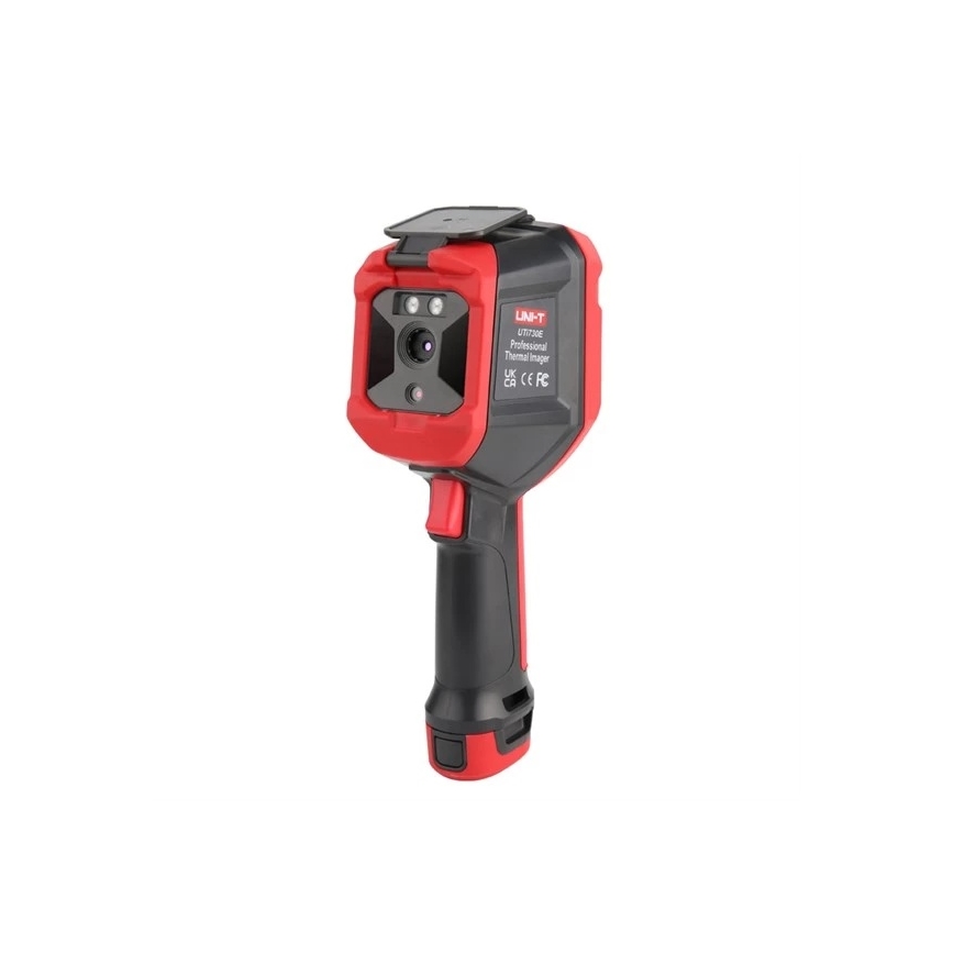 Termokameru drží používateľ. Je červeno-čierna, s objektívom a displejom. Na tele je text: LIN-T U7730E Professional Thermal Imager UK CA CE FC.