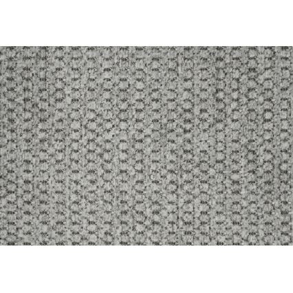 Textília s jemnou, pravidelnou štruktúrou v odtieni svetlošedej s tmavšími inklúziami, vykazuje väzbu pripomínajúcu pleteninu.