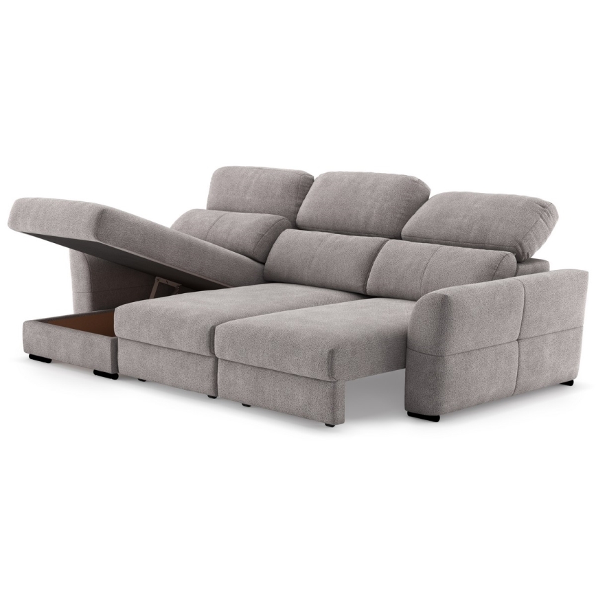 Rohová sedačka s otvoreným úložným priestorom v ľavej časti. Sedačka je sivá, má tri operadlá a je umiestnená na svetlom pozadí.