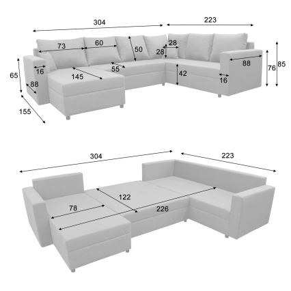 Univerzálna rozkladacia rohová sedacia súprava SEYA do tvaru U, sivá, s úložným priestorom