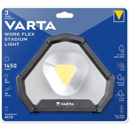 Prezentácia prenosného pracovného svetla VARTA Work Flex Stadium Light s výkonom 1450 lúmenov, výdržou batérie 15 hodín a dosahom 45 metrov. Svetlo je odolné voči nárazom do 2 metrov a má stupeň krytia IP54. Súčasťou je otočná rukoväť a tri úrovne jasu. Balenie obsahuje aj Micro USB kábel.