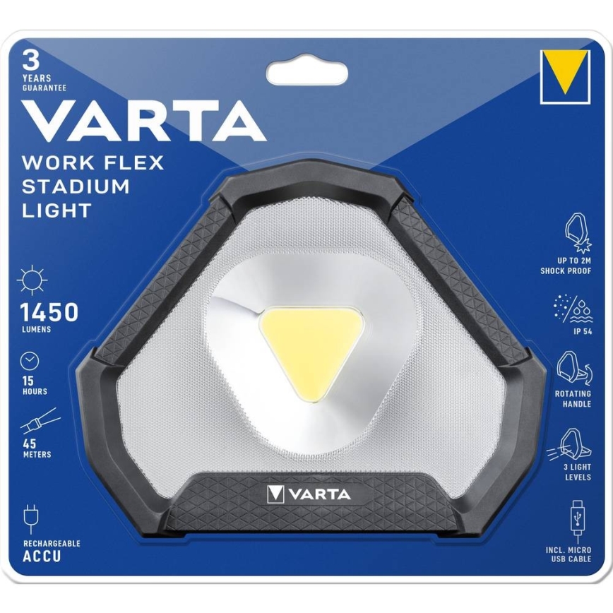 Prezentácia prenosného pracovného svetla VARTA Work Flex Stadium Light s výkonom 1450 lúmenov, výdržou batérie 15 hodín a dosahom 45 metrov. Svetlo je odolné voči nárazom do 2 metrov a má stupeň krytia IP54. Súčasťou je otočná rukoväť a tri úrovne jasu. Balenie obsahuje aj Micro USB kábel.