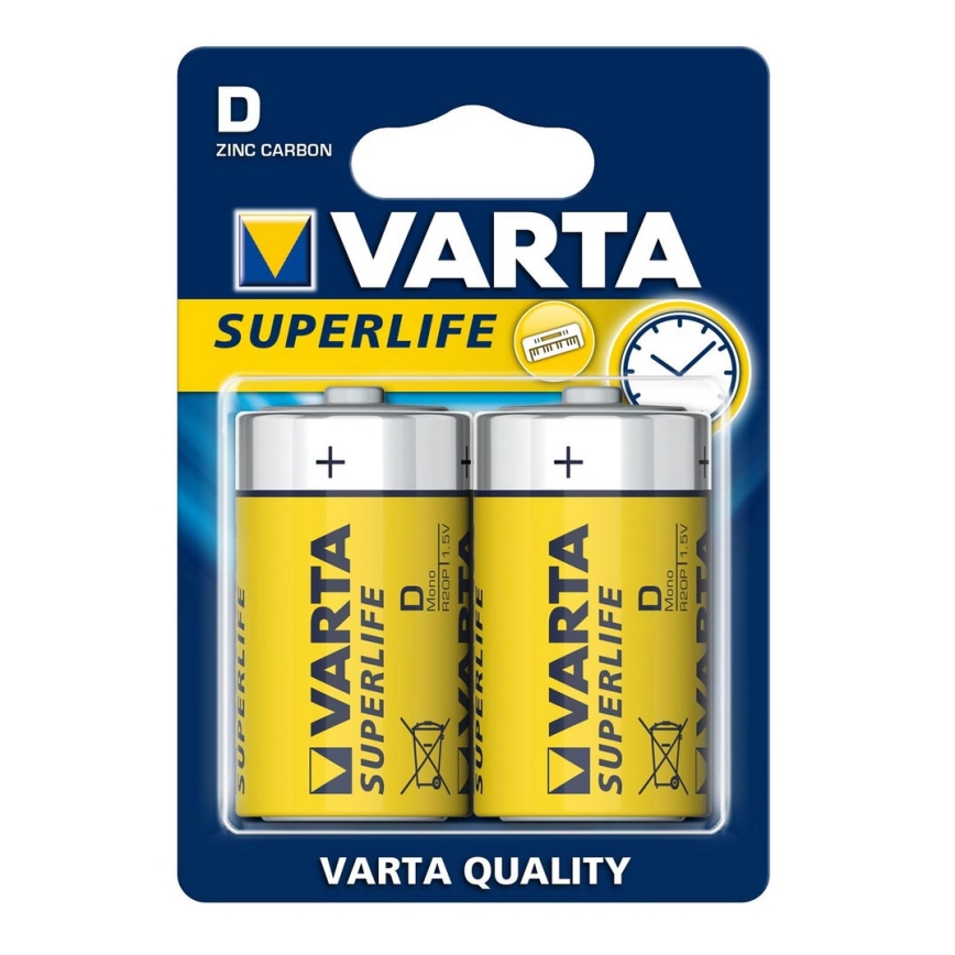 Varta 2020 - 2 ks Zinkouhlíková batéria SUPERLIFE D 1,5V