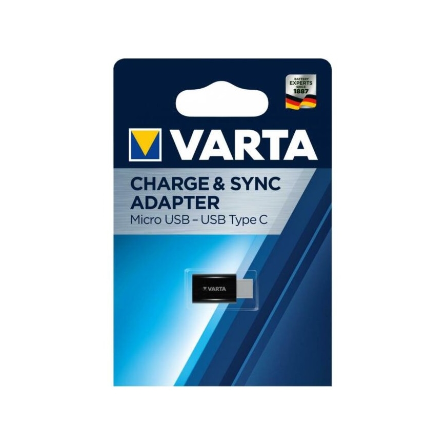 Adaptér Varta na nabíjanie a synchronizáciu zobrazený na obale. Mení Micro USB na USB typu C. Balenie je modro-biele.