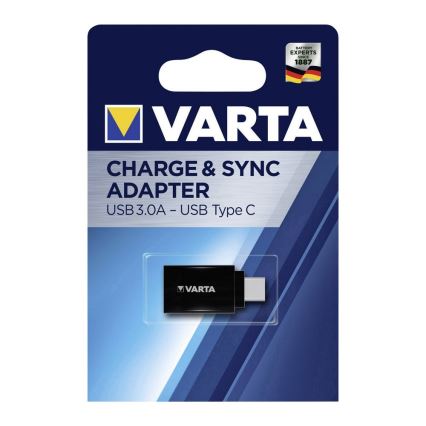 Adaptér VARTA, nabíja a synchronizuje, prevádza USB 3.0A na USB Type C. Balenie obsahuje malý čierny adaptér s logom VARTA.