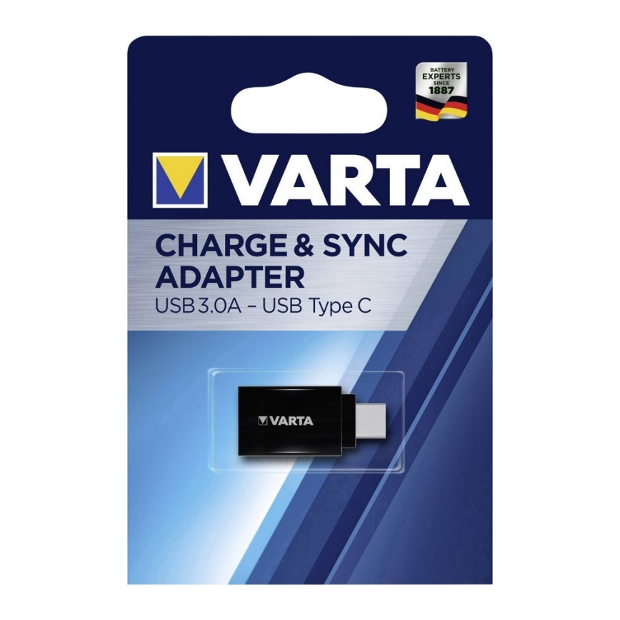 Adaptér VARTA, nabíja a synchronizuje, prevádza USB 3.0A na USB Type C. Balenie obsahuje malý čierny adaptér s logom VARTA.