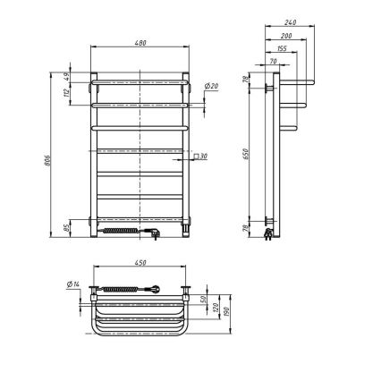 Vertaduro - Elektrický sušiak na uteráky s termostatom DOR 155W/230V 80x48 cm IP44 čierny ľavý