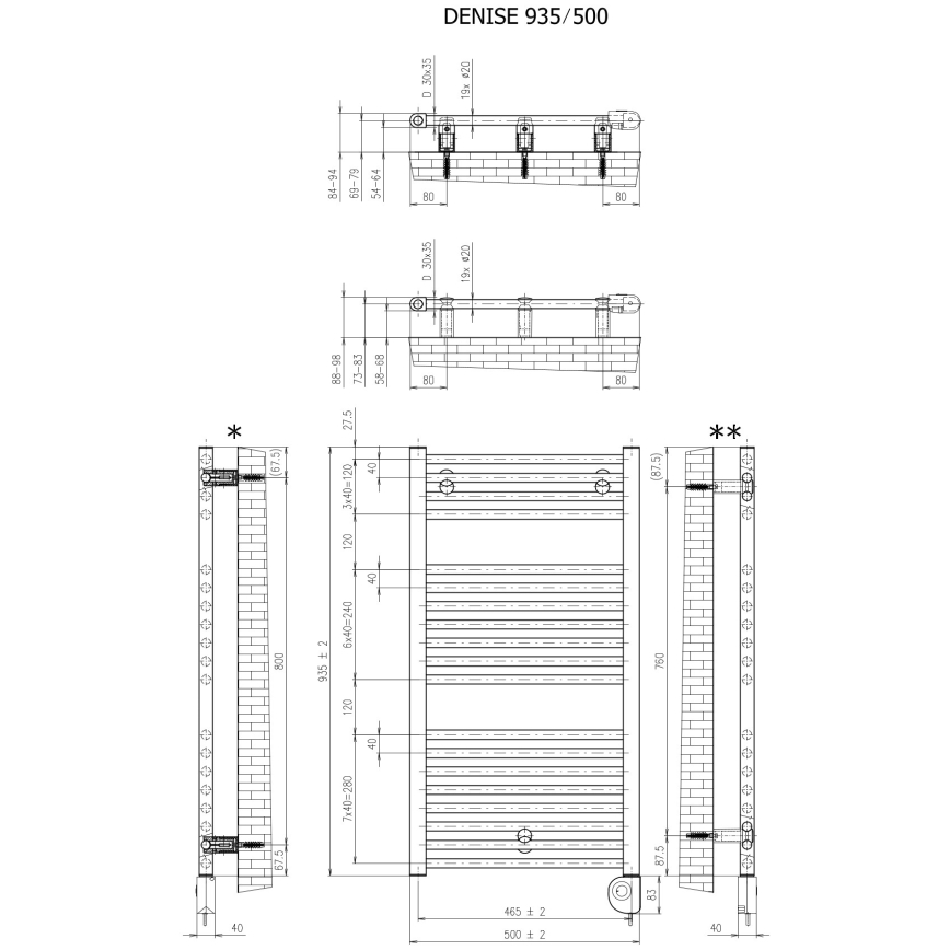 Vertaduro - Kúpeľňový radiátor DENISE s termostatom, 400 W, 94 × 50 cm, antracit