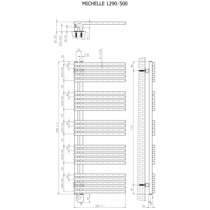 Vertaduro - Kúpeľňový radiátor s termostatom MICHELLE 600W 129x50 cm antracit