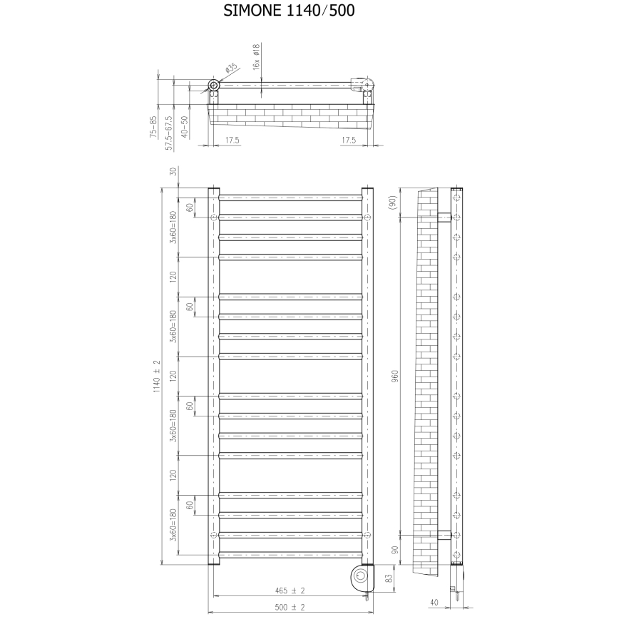 Vertaduro - Kúpeľňový radiátor s termostatom SIMONE 400 W 114x50 cm antracitový