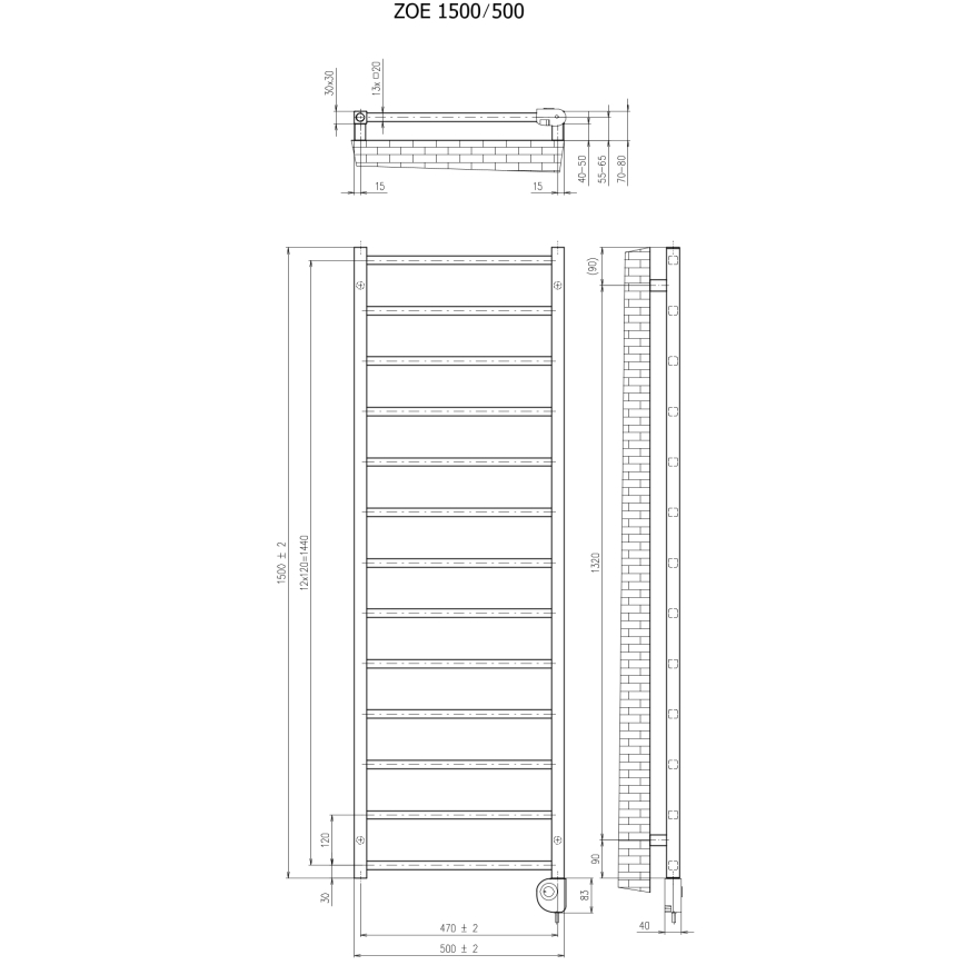 Vertaduro - Kúpeľňový radiátor s termostatom ZOE 400 W 150 x 50 cm taupe