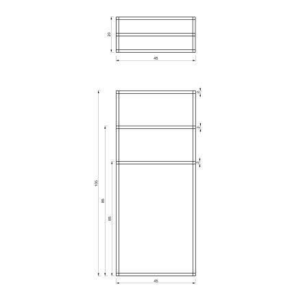 Technický výkres zobrazuje rozmery dvoch regálov. Menší regál má rozmery 45x20 cm a väčší 45x105 cm, s tromi policami vo výške 21 cm.