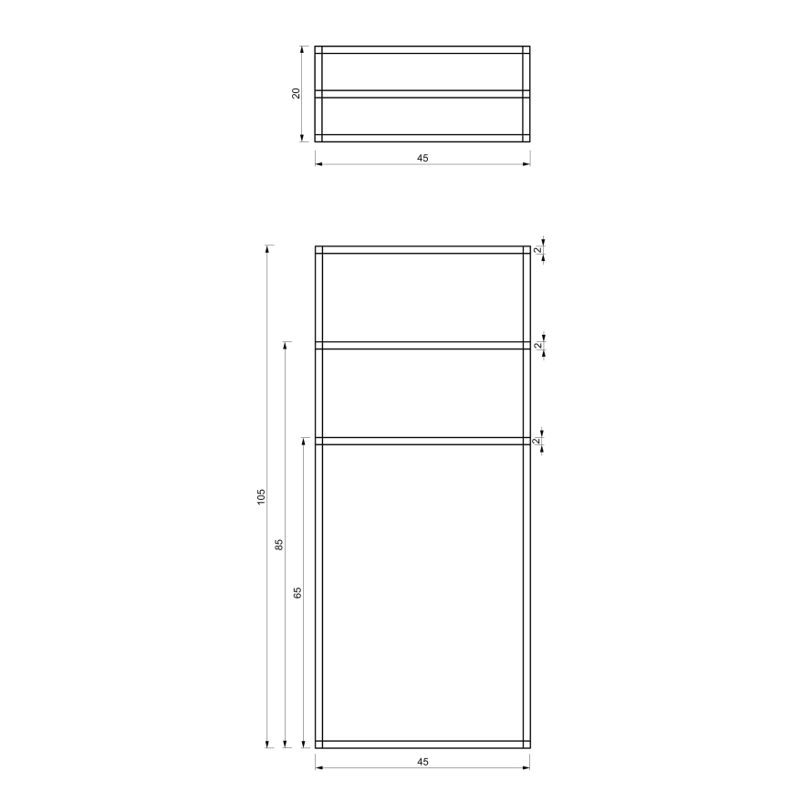 Technický výkres zobrazuje rozmery dvoch regálov. Menší regál má rozmery 45x20 cm a väčší 45x105 cm, s tromi policami vo výške 21 cm.