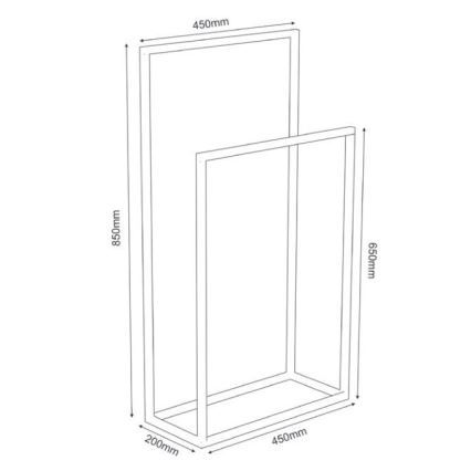 Stojan na uteráky s jednou priečkou na sušenie stojí na podlahe. Má rozmery 450x200x850 mm (šírka x hĺbka x výška) a priečka je vo výške 650 mm.