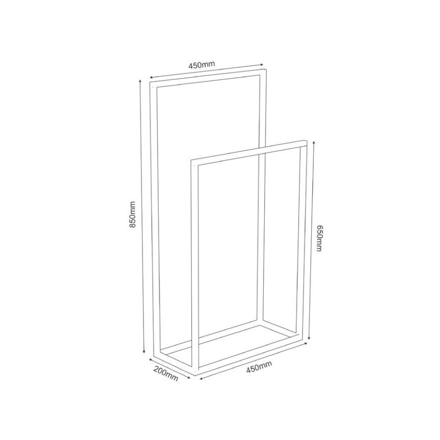 Stojan na uteráky s jednou priečkou na sušenie stojí na podlahe. Má rozmery 450x200x850 mm (šírka x hĺbka x výška) a priečka je vo výške 650 mm.