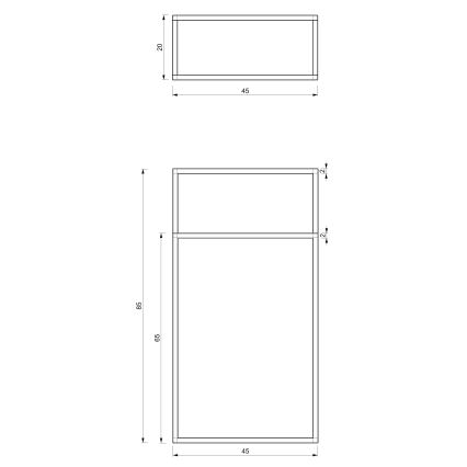 Dve obdĺžnikové konštrukcie s rozmermi: horná 45x20 cm, dolná 45x85 cm, rozdelená vnútornou priečkou na dve časti s výškou 65 a 20 cm. Sú zobrazené technické výkresy.