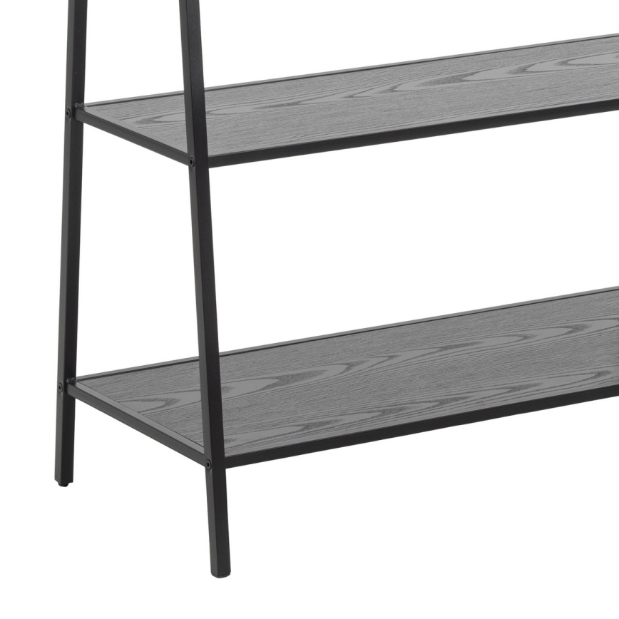 Stojan s dvoma policami z tmavosivého dreva stojí na čiernom kovovom ráme v tvare A. Konštrukcia je jednoduchá a stabilná.