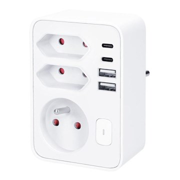 Viacnásobná zásuvka 1x16A+2x 2,5A s 2x USB A+C nabíjačkou, biela