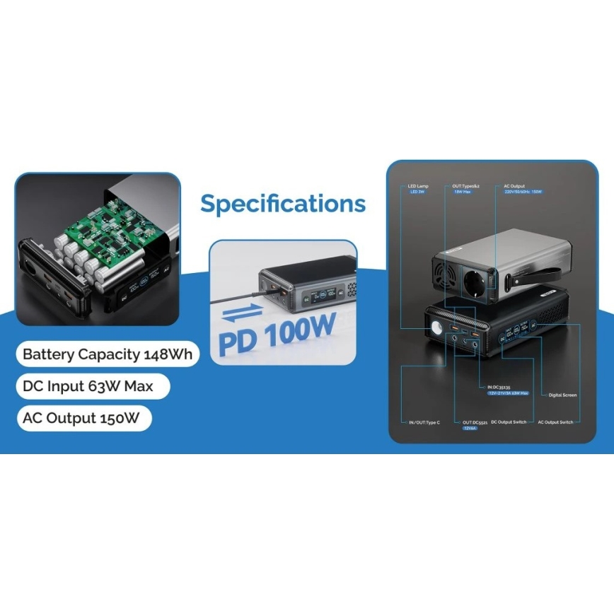 Viking - Nabíjacia stanica s LED displejom Power Delivery 148 Wh