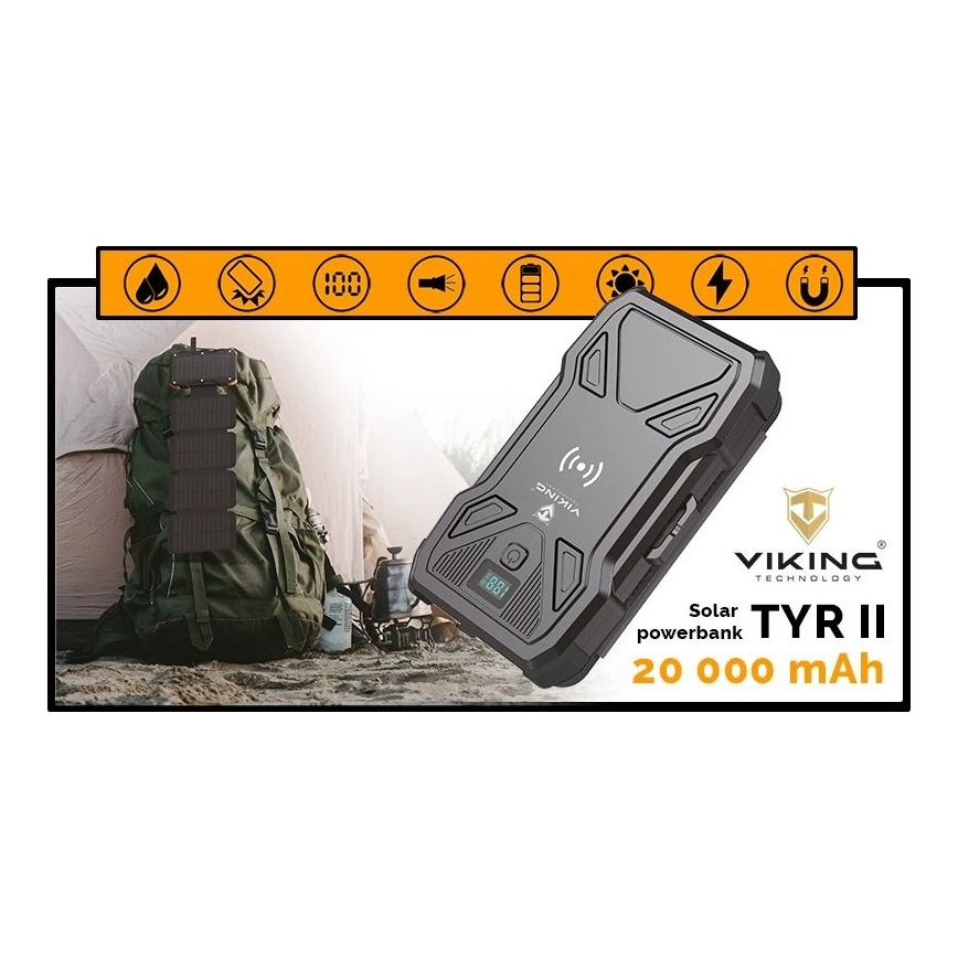 Viking - powerbanka s LED svietidlom, bezdrôtovým nabíjaním a solárnym panelom Power Delivery 22,5W/20000 mAh