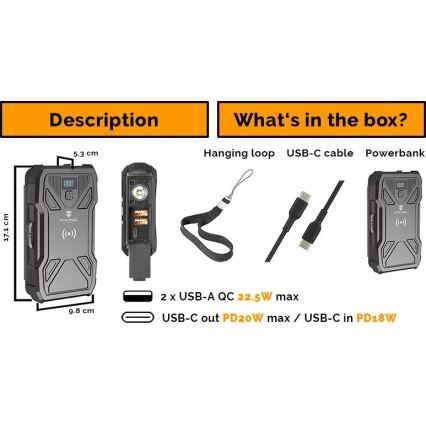 Viking - powerbanka s LED svietidlom, bezdrôtovým nabíjaním a solárnym panelom Power Delivery 22,5W/20000 mAh