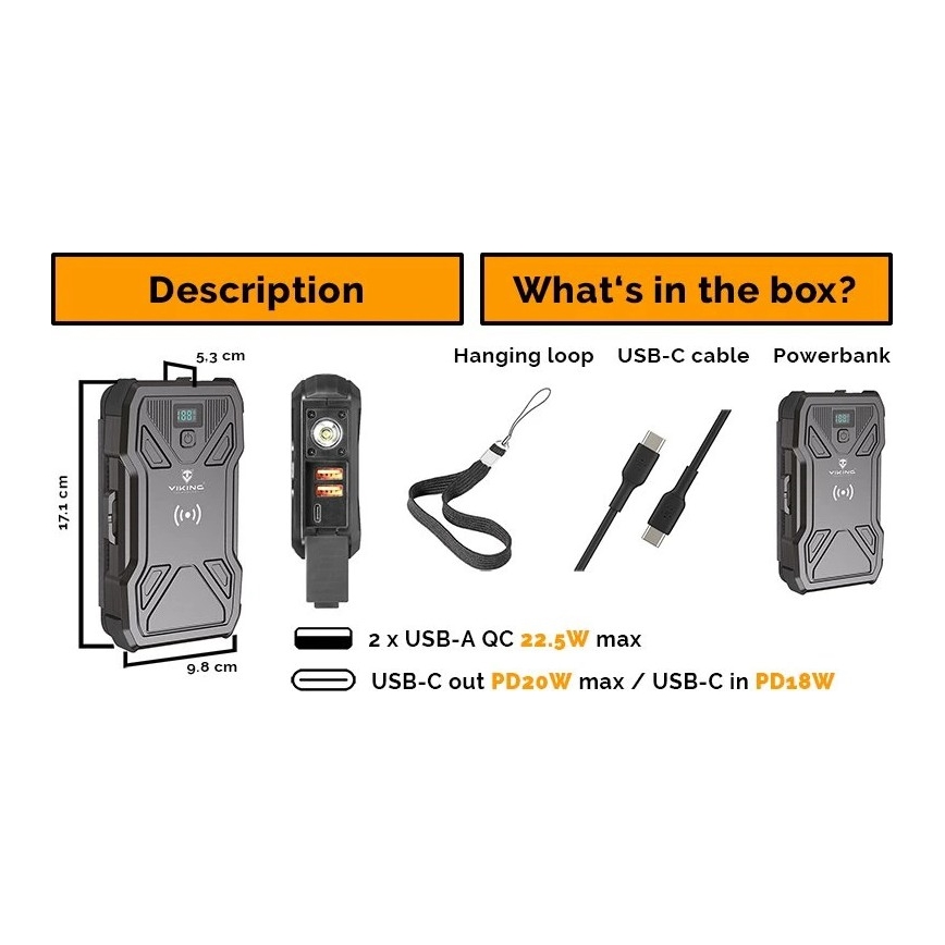Viking - powerbanka s LED svietidlom, bezdrôtovým nabíjaním a solárnym panelom Power Delivery 22,5W/20000 mAh