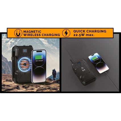 Viking - powerbanka s LED svietidlom, bezdrôtovým nabíjaním a solárnym panelom Power Delivery 22,5W/20000 mAh