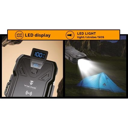 Viking - powerbanka s LED svietidlom, bezdrôtovým nabíjaním a solárnym panelom Power Delivery 22,5W/20000 mAh