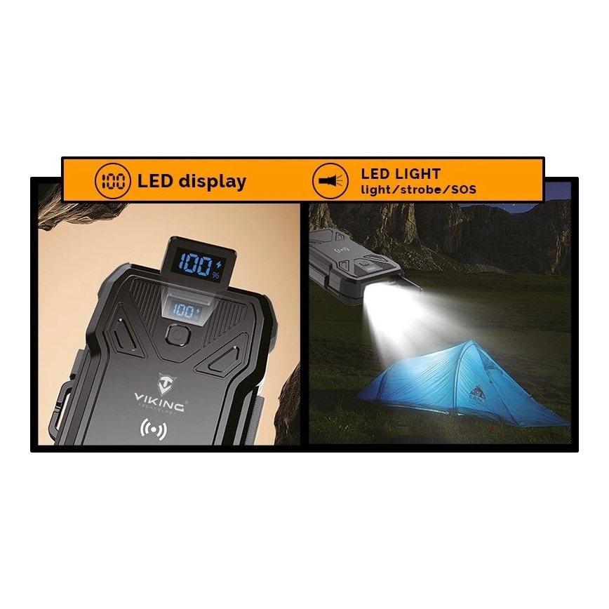 Viking - powerbanka s LED svietidlom, bezdrôtovým nabíjaním a solárnym panelom Power Delivery 22,5W/20000 mAh