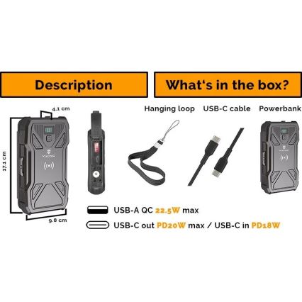 Viking - powerbanka s LED svietidlom, bezdrôtovým nabíjaním a solárnym panelom Power Delivery 22,5 W/10000 mAh