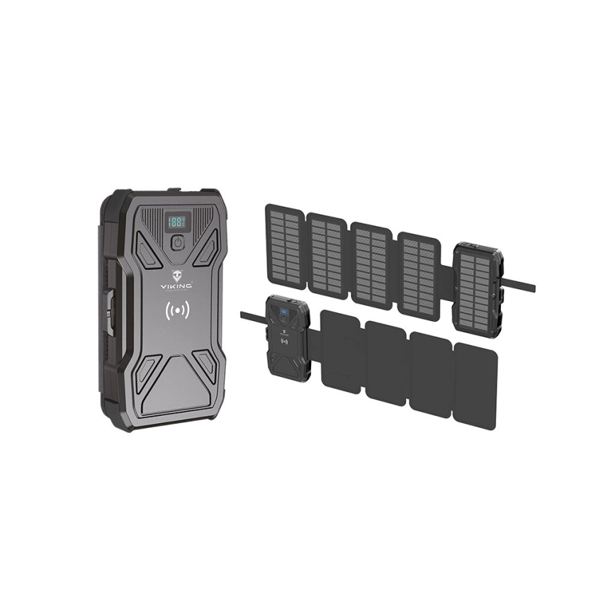 Viking - powerbanka s LED svietidlom, bezdrôtovým nabíjaním a solárnym panelom Power Delivery 22,5 W/10000 mAh