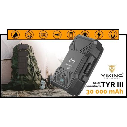 Viking - Powerbanka s LED svietidlom, bezdrôtovým nabíjaním a solárnym panelom Power Delivery 22,5W/30000 mAh
