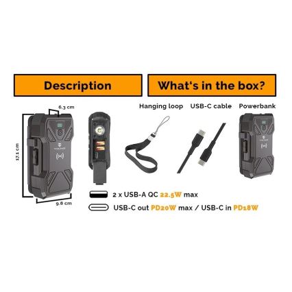 Viking - Powerbanka s LED svietidlom, bezdrôtovým nabíjaním a solárnym panelom Power Delivery 22,5W/30000 mAh