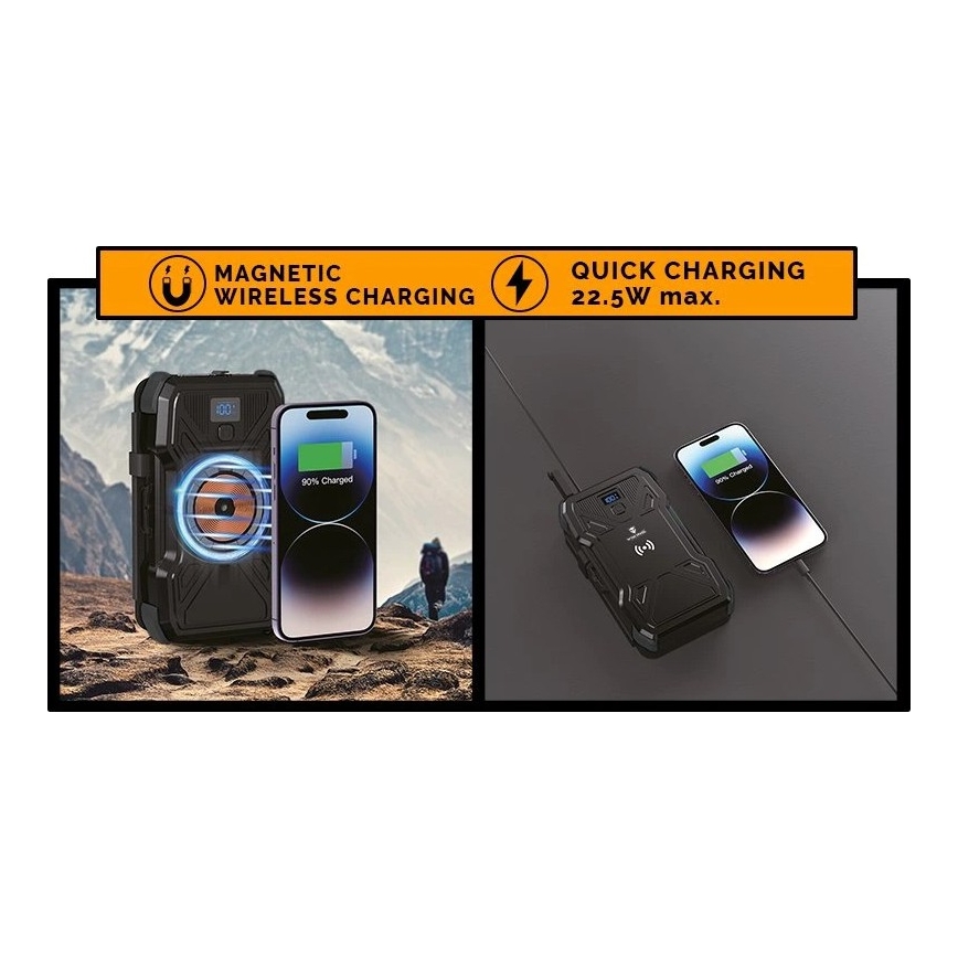 Viking - Powerbanka s LED svietidlom, bezdrôtovým nabíjaním a solárnym panelom Power Delivery 22,5W/30000 mAh