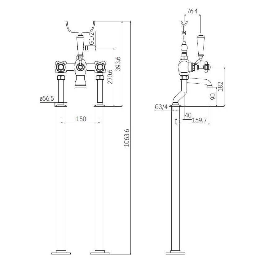 Voľne stojaca vaňová súprava s batériou 106,3 cm lesklý chróm