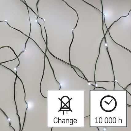 Svetelná sieť s bielymi LED diódami je rozprestretá na svetlom pozadí. Diódy svietia. Symboly oznamujú: „Change“ a „10 000 h“.