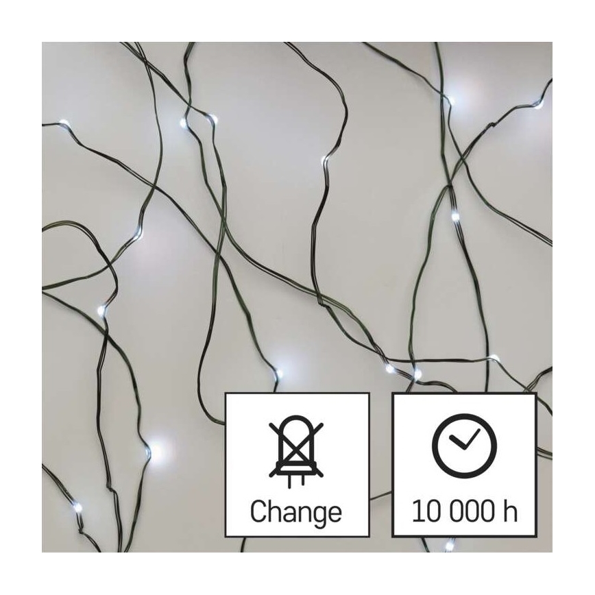 Svetelná sieť s bielymi LED diódami je rozprestretá na svetlom pozadí. Diódy svietia. Symboly oznamujú: „Change“ a „10 000 h“.