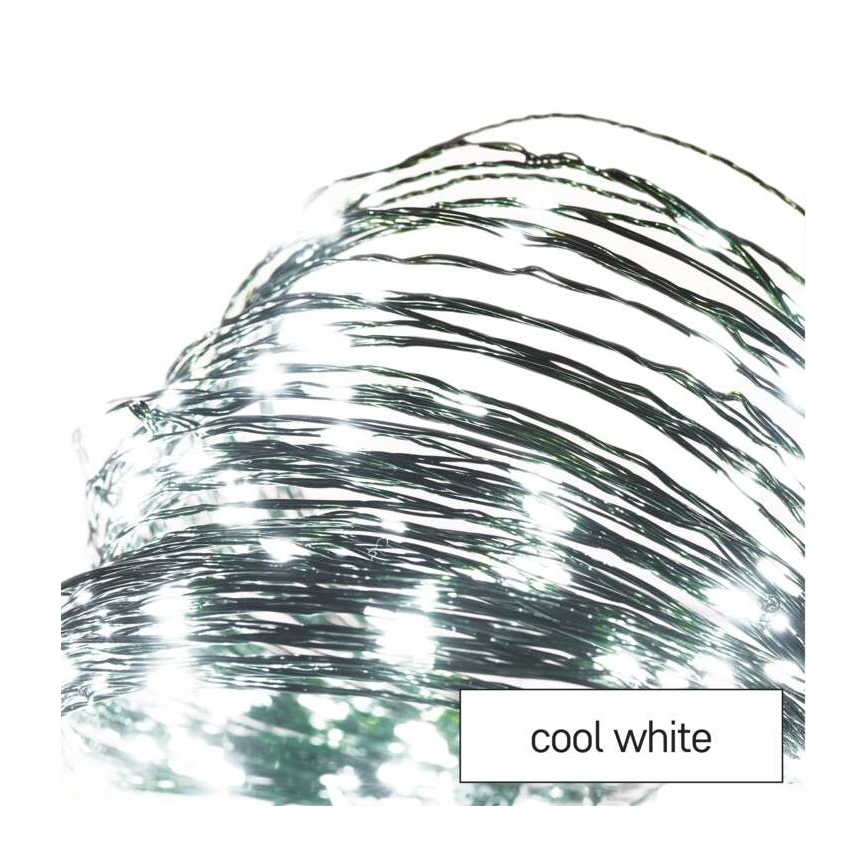 Svetlený drôt s mnohými tenkými vláknami svieti na bielo. Vlákna sú stočené do zhluku. Popis farby: cool white.