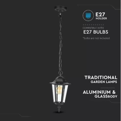 Závesná lampa visí na reťazi. Je vyrobená z hliníka a skla, kompatibilná s E27 žiarovkami (žiarovky nie sú súčasťou balenia). Patrí do kategórie tradičných záhradných lámp.
