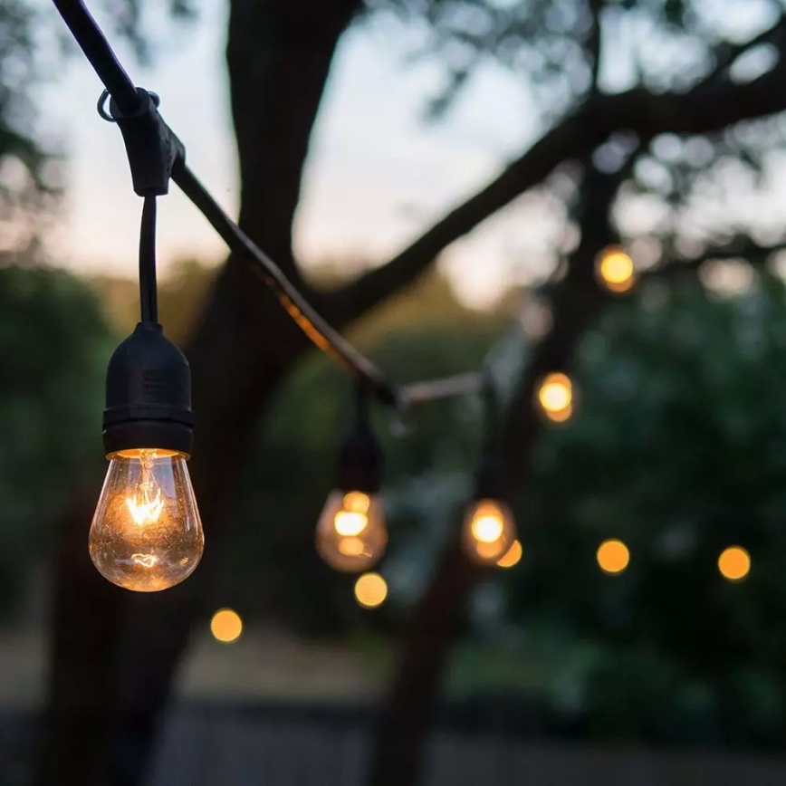 Elektrické osvetlenie svieti v záhrade. Žiarovky sú zavesené na čiernom kábli pripevnenom k stromu. V pozadí je rozmazané zelené prostredie.