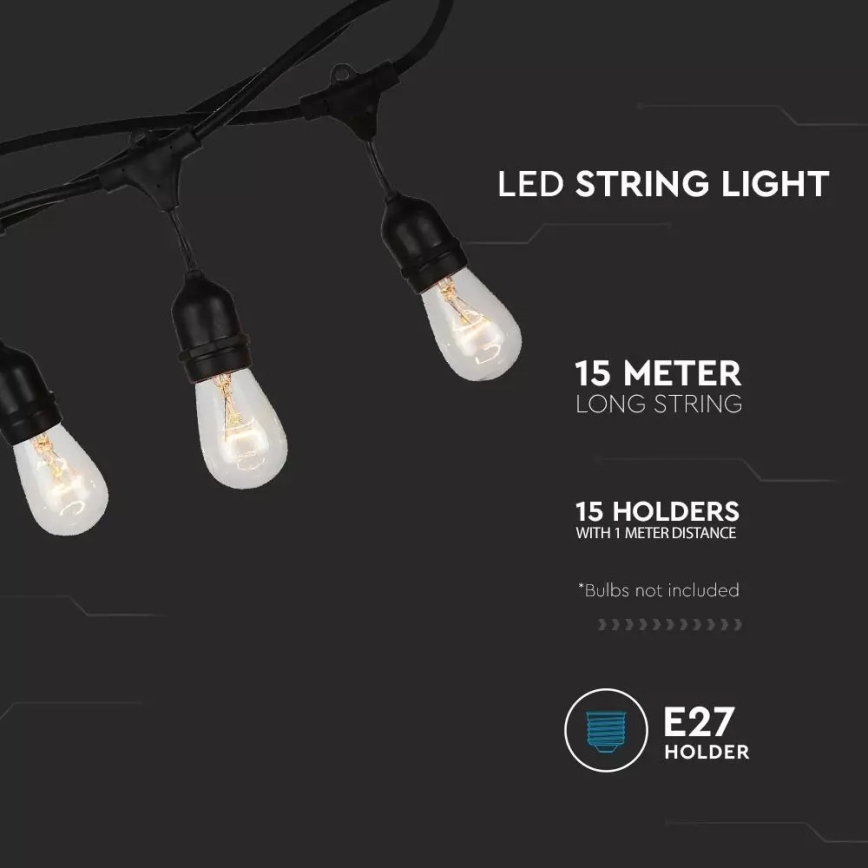 Elektrický svetelný veniec s 15 objímkami E27 na 15 metrov dlhom kábli, s objímkami umiestnenými v metrovej vzdialenosti. Žiarovky nie sú súčasťou balenia.