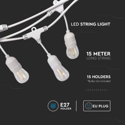 Vonkajší svetelný reťazec STRING — 15 pätíc E27, max. 40 W, 230 V, dĺžka 15 m, krytie IP65