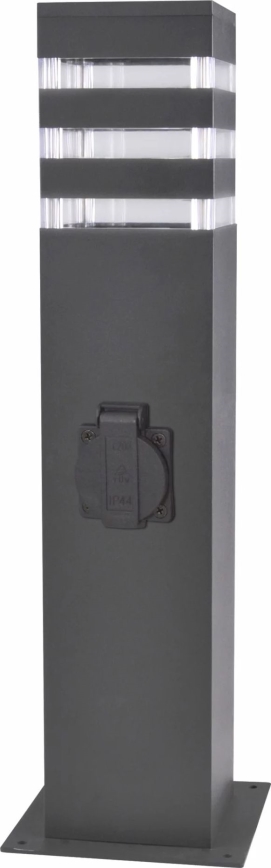 Svietidlo svieti. Je umiestnené na tmavošedom štvorcovom stĺpiku s integrovanou zásuvkou. Na stĺpiku sú tri vodorovné priehľadné pásy.