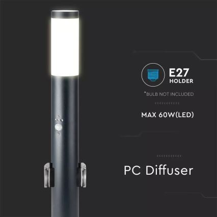 Vonkajšia lampa so senzorom a 2 zásuvkami SCHUKO 1xE27/60W/230V IP44 60cm antracit