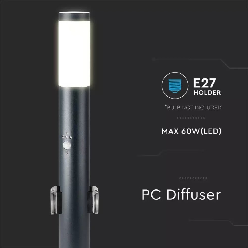 Vonkajšia lampa so senzorom a 2 zásuvkami SCHUKO 1xE27/60W/230V IP44 60cm antracit