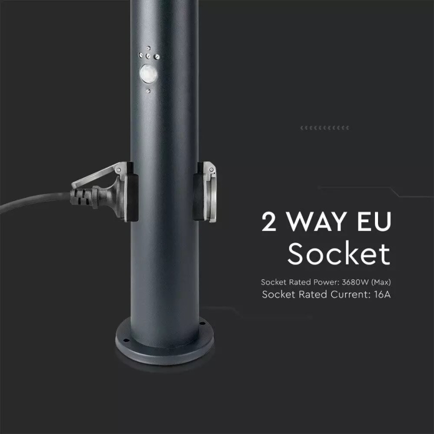 Vonkajšia lampa so senzorom a 2 zásuvkami SCHUKO 1xE27/60W/230V IP44 60cm antracit