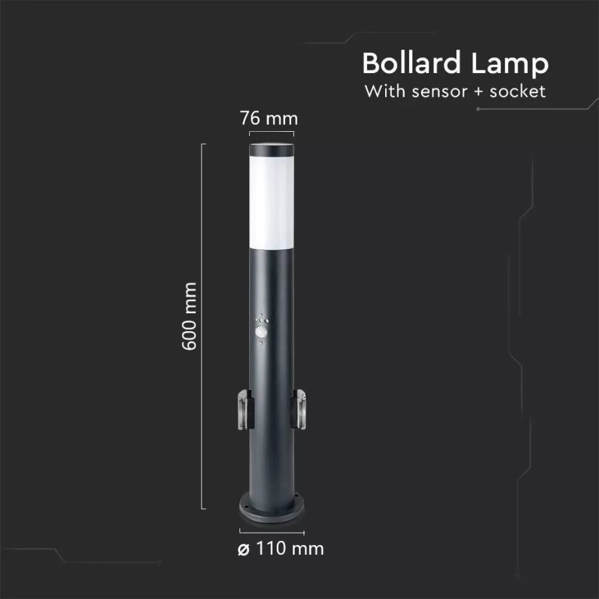 Vonkajšia lampa so senzorom a 2 zásuvkami SCHUKO 1xE27/60W/230V IP44 60cm antracit