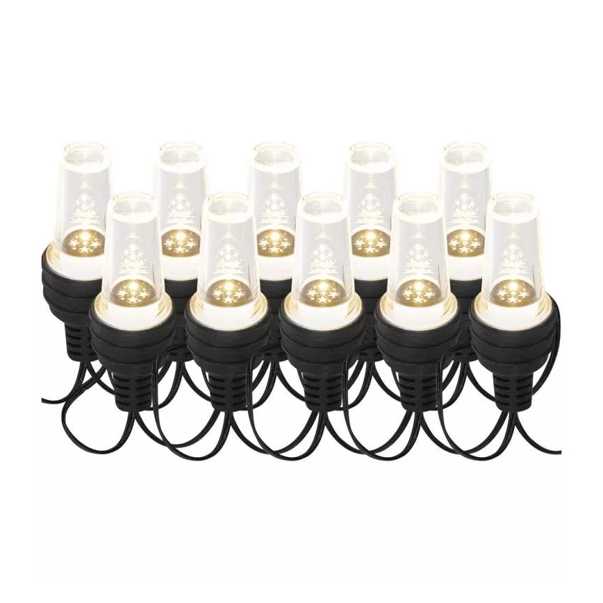 Dvanásť LED svetiel s bielym teplým svetlom a vianočným motívom v priesvitných sklenených krytoch, pripevnených na čiernom kábli. Svietidlá sú usporiadané v rade.