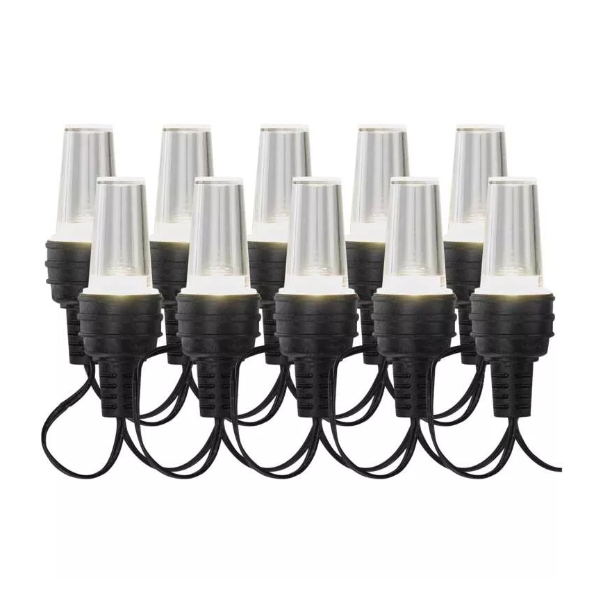 Desať LED svetiel s čírymi valcovitými krytmi a čiernymi základňami je spojených čiernym káblom. Svietidlá sú usporiadané v dvoch radoch po piatich.