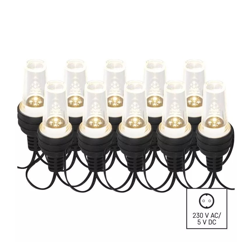 Dvanásť LED svetielok s vánočním motívom svieti. Svietidlá sú pripojené k čiernemu káblu. Napájanie: 230 V AC/ 5 V DC.